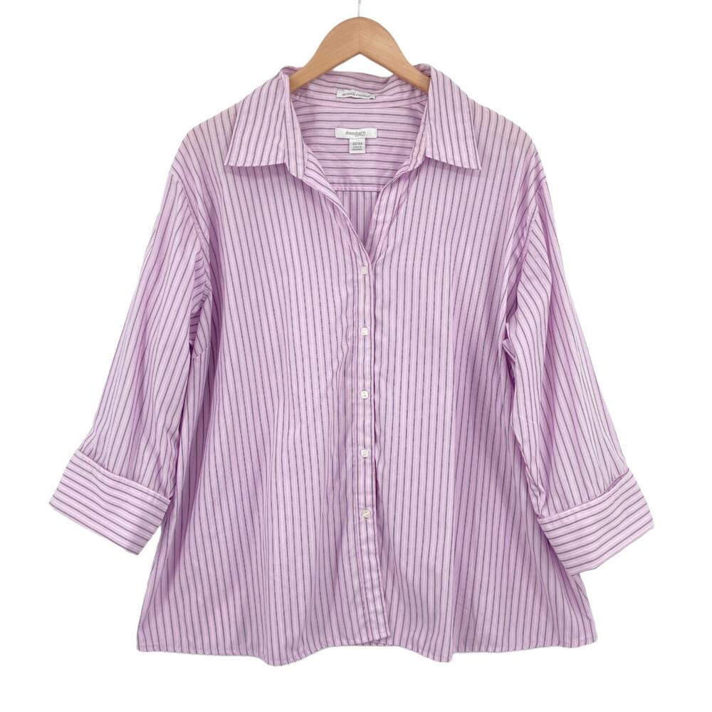Dressbarn Button Up Shirt Women Purple Striped Cotton Blend Long Sleeve 22/24